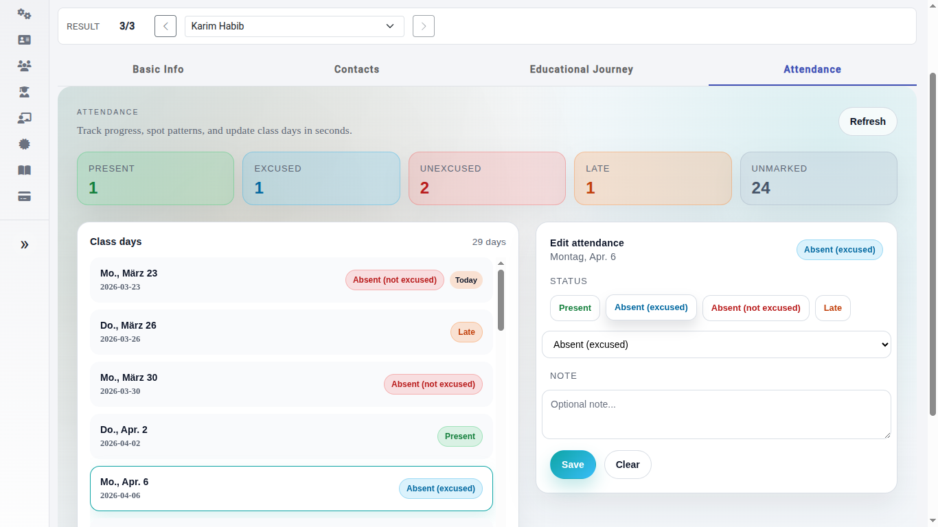 ClassCore attendance screen