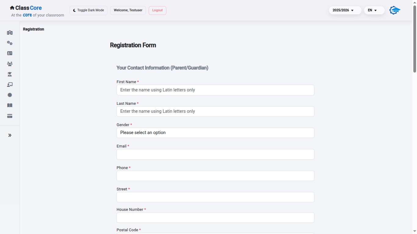 ClassCore online registration form