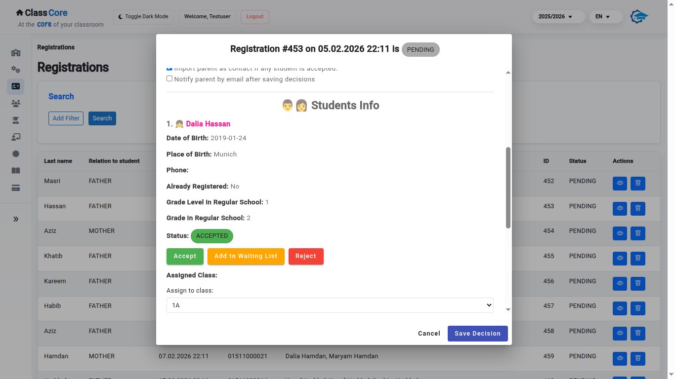 ClassCore registration review screen