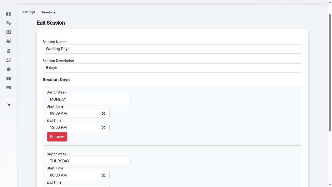 ClassCore session settings screen